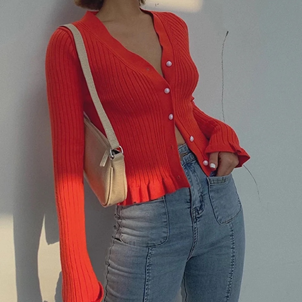 Commense Red Cardigan Ruffled Trim Pearl Button Long Sleeve SZ M NWT - Picture 12 of 12